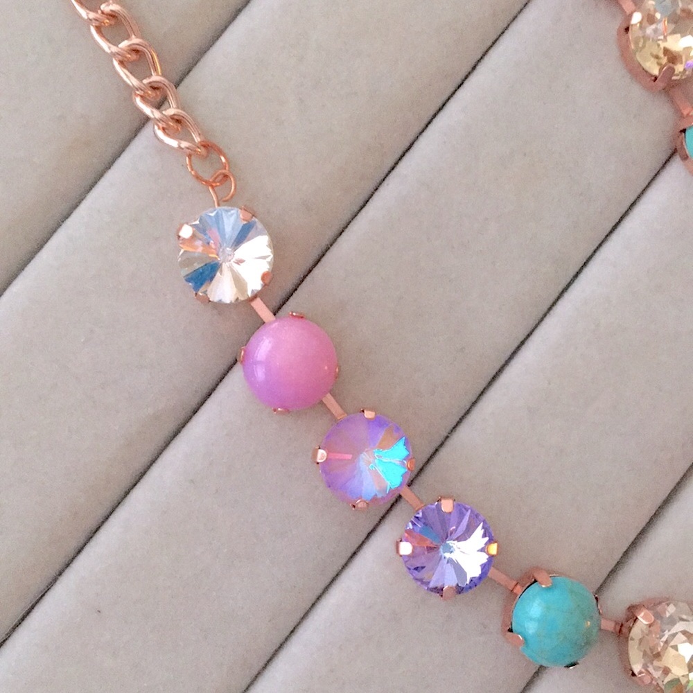 Turquoise, Violet Purple,Pink +Champagne Topaz Rose Gold Crystal Tennis Necklace - Picture 8 of 13